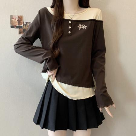 FA46757# 胖MM大码假两件长袖T恤咖色上衣秋冬季内搭打底衫T恤 服裝批發女裝批發服飾貨源