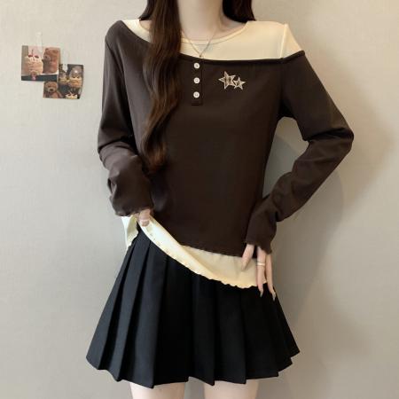 FA46757# 胖MM大码假两件长袖T恤咖色上衣秋冬季内搭打底衫T恤 服裝批發女裝批發服飾貨源