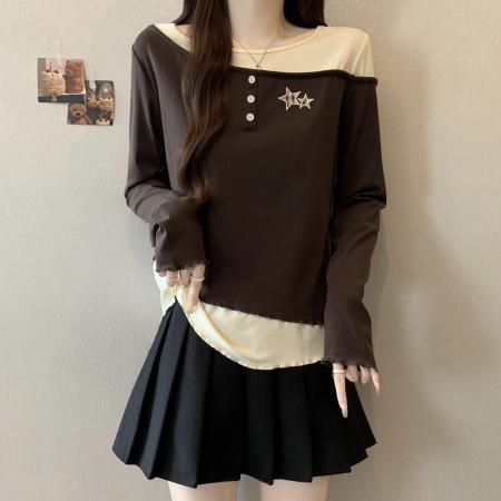 FA46757# 胖MM大码假两件长袖T恤咖色上衣秋冬季内搭打底衫T恤 服裝批發女裝批發服飾貨源
