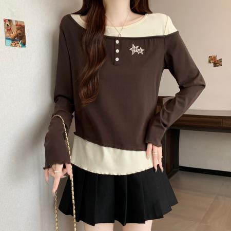 FA46757# 胖MM大码假两件长袖T恤咖色上衣秋冬季内搭打底衫T恤 服裝批發女裝批發服飾貨源