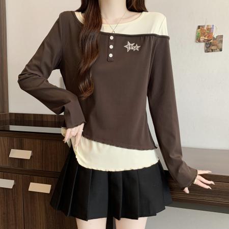 FA46757# 胖MM大码假两件长袖T恤咖色上衣秋冬季内搭打底衫T恤 服裝批發女裝批發服飾貨源