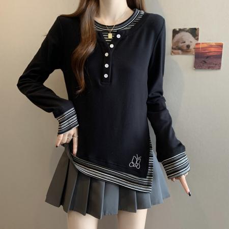 FA46759# 胖MM大码假两件长袖T恤条纹拼接上衣显瘦打底衫 服裝批發女裝批發服飾貨源