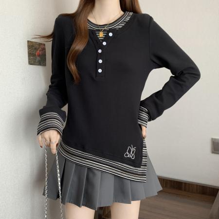 FA46759# 胖MM大码假两件长袖T恤条纹拼接上衣显瘦打底衫 服裝批發女裝批發服飾貨源