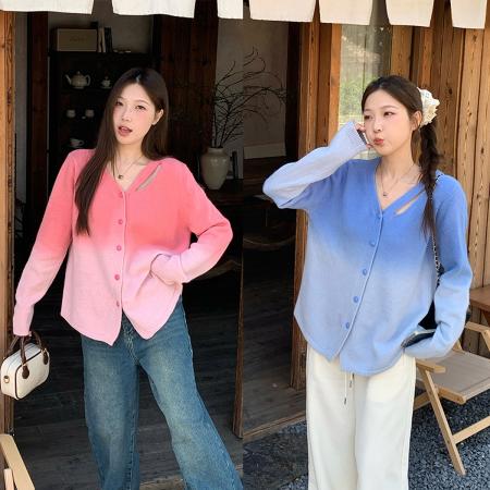 FA46760# 秋冬新款胖mm大码女渐变甜美针织开衫设计感镂空内搭毛衣 服裝批發女裝批發服飾貨源