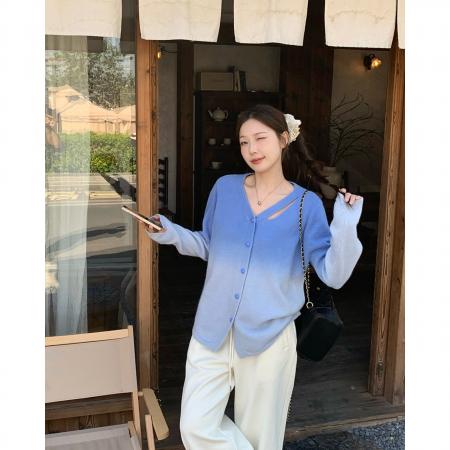 FA46760# 秋冬新款胖mm大码女渐变甜美针织开衫设计感镂空内搭毛衣 服裝批發女裝批發服飾貨源