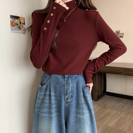 FA46762# 大码设计感小众中高领长袖T恤女新款秋冬纯色打底衫别致上衣 服裝批發女裝批發服飾貨源