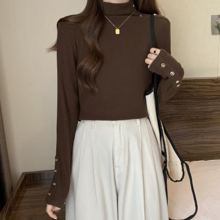 FA46762# 大码设计感小众中高领长袖T恤女新款秋冬纯色打底衫别致上衣 服裝批發女裝批發服飾貨源