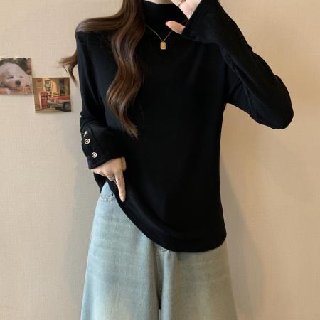 FA46762# 大码设计感小众中高领长袖T恤女新款秋冬纯色打底衫别致上衣 服裝批發女裝批發服飾貨源