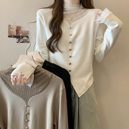 FA46763# 大码蕾丝拼接镂空长袖针织衫女秋冬胖mm显瘦遮肚打底衫洋气上衣女 服裝批發女裝批發服飾貨源