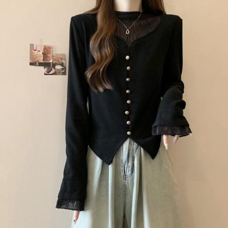 FA46763# 大码蕾丝拼接镂空长袖针织衫女秋冬胖mm显瘦遮肚打底衫洋气上衣女 服裝批發女裝批發服飾貨源