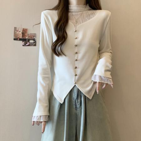 FA46763# 大码蕾丝拼接镂空长袖针织衫女秋冬胖mm显瘦遮肚打底衫洋气上衣女 服裝批發女裝批發服飾貨源