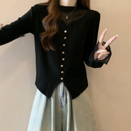 FA46763# 大码蕾丝拼接镂空长袖针织衫女秋冬胖mm显瘦遮肚打底衫洋气上衣女 服裝批發女裝批發服飾貨源