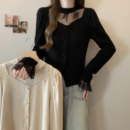 FA46764# 大码秋冬新款蕾丝拼接毛衣韩版法式性感打底衫珍珠镂空长袖女 服裝批發女裝批發服飾貨源