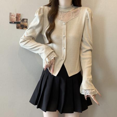 FA46764# 大码秋冬新款蕾丝拼接毛衣韩版法式性感打底衫珍珠镂空长袖女 服裝批發女裝批發服飾貨源