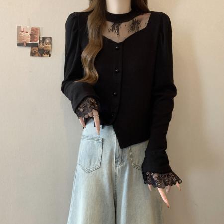 FA46764# 大码秋冬新款蕾丝拼接毛衣韩版法式性感打底衫珍珠镂空长袖女 服裝批發女裝批發服飾貨源