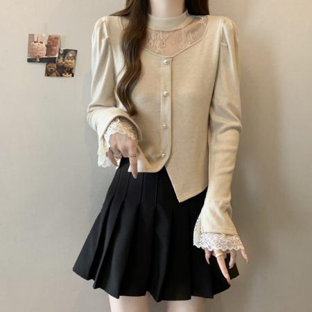 FA46764# 大码秋冬新款蕾丝拼接毛衣韩版法式性感打底衫珍珠镂空长袖女 服裝批發女裝批發服飾貨源