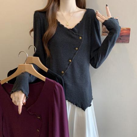FA46765# 秋季新款胖MM木耳边V领设计感不规则遮肉显瘦小众百搭上衣女 服裝批發女裝批發服飾貨源