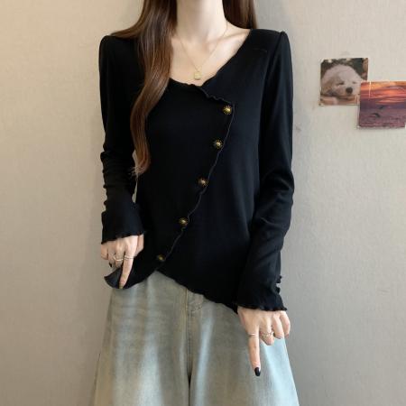 FA46765# 秋季新款胖MM木耳边V领设计感不规则遮肉显瘦小众百搭上衣女 服裝批發女裝批發服飾貨源