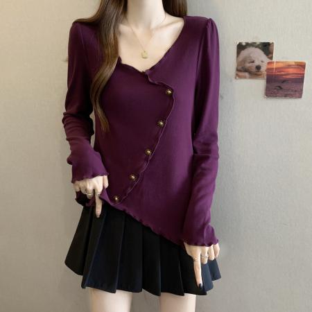 FA46765# 秋季新款胖MM木耳边V领设计感不规则遮肉显瘦小众百搭上衣女 服裝批發女裝批發服飾貨源