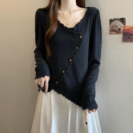 FA46765# 秋季新款胖MM木耳边V领设计感不规则遮肉显瘦小众百搭上衣女 服裝批發女裝批發服飾貨源