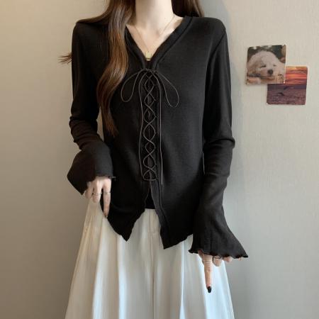 FA46766# 大码女装秋季韩系纯欲风针织打底衫胖mm显瘦修身长袖抽绳上衣 服裝批發女裝批發服飾貨源