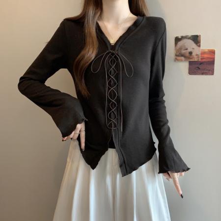 FA46766# 大码女装秋季韩系纯欲风针织打底衫胖mm显瘦修身长袖抽绳上衣 服裝批發女裝批發服飾貨源