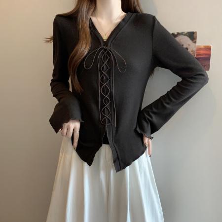 FA46766# 大码女装秋季韩系纯欲风针织打底衫胖mm显瘦修身长袖抽绳上衣 服裝批發女裝批發服飾貨源