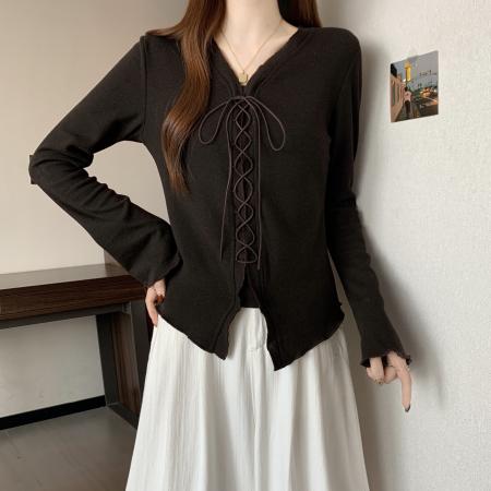 FA46766# 大码女装秋季韩系纯欲风针织打底衫胖mm显瘦修身长袖抽绳上衣 服裝批發女裝批發服飾貨源