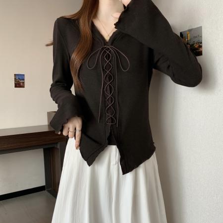 FA46766# 大码女装秋季韩系纯欲风针织打底衫胖mm显瘦修身长袖抽绳上衣 服裝批發女裝批發服飾貨源