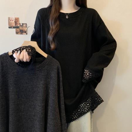 FA46767# 大码女装镂空蕾丝灰色圆领卫衣长袖秋季新款胖mm宽松显瘦长袖上衣 服裝批發女裝批發服飾貨源