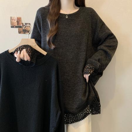FA46767# 大码女装镂空蕾丝灰色圆领卫衣长袖秋季新款胖mm宽松显瘦长袖上衣 服裝批發女裝批發服飾貨源