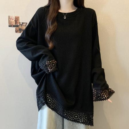 FA46767# 大码女装镂空蕾丝灰色圆领卫衣长袖秋季新款胖mm宽松显瘦长袖上衣 服裝批發女裝批發服飾貨源