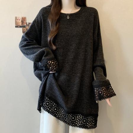 FA46767# 大码女装镂空蕾丝灰色圆领卫衣长袖秋季新款胖mm宽松显瘦长袖上衣 服裝批發女裝批發服飾貨源