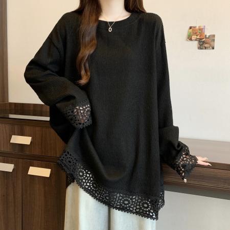 FA46767# 大码女装镂空蕾丝灰色圆领卫衣长袖秋季新款胖mm宽松显瘦长袖上衣 服裝批發女裝批發服飾貨源