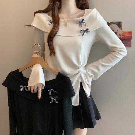 FA46768# 大码胖MM法式甜美蝴蝶结一字肩长袖T恤女秋季修身显瘦设计感上衣 服裝批發女裝批發服飾貨源