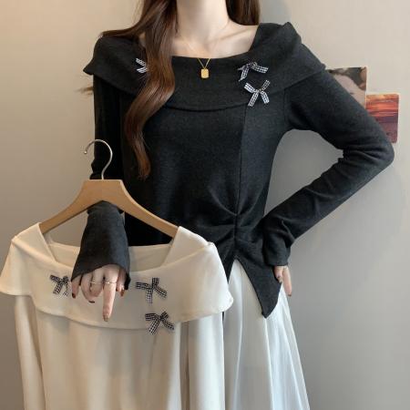 FA46768# 大码胖MM法式甜美蝴蝶结一字肩长袖T恤女秋季修身显瘦设计感上衣 服裝批發女裝批發服飾貨源