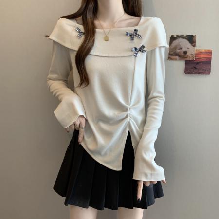 FA46768# 大码胖MM法式甜美蝴蝶结一字肩长袖T恤女秋季修身显瘦设计感上衣 服裝批發女裝批發服飾貨源