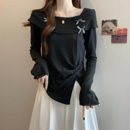 FA46768# 大码胖MM法式甜美蝴蝶结一字肩长袖T恤女秋季修身显瘦设计感上衣 服裝批發女裝批發服飾貨源