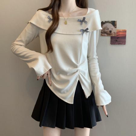 FA46768# 大码胖MM法式甜美蝴蝶结一字肩长袖T恤女秋季修身显瘦设计感上衣 服裝批發女裝批發服飾貨源