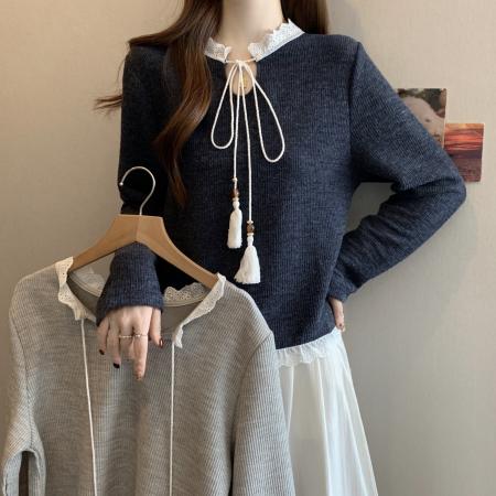 FA46770# 大码秋冬新款胖MM复古蕾丝拼接设计感小众系带流苏长袖上衣女 服裝批發女裝批發服飾貨源