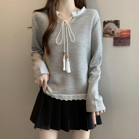 FA46770# 大码秋冬新款胖MM复古蕾丝拼接设计感小众系带流苏长袖上衣女 服裝批發女裝批發服飾貨源