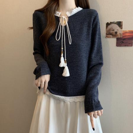 FA46770# 大码秋冬新款胖MM复古蕾丝拼接设计感小众系带流苏长袖上衣女 服裝批發女裝批發服飾貨源