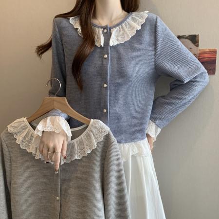 FA46771# 大码秋冬新款胖MM圆领甜美拼接蕾丝花边针织宽松显瘦短款上衣 服裝批發女裝批發服飾貨源