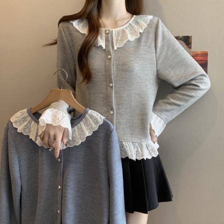 FA46771# 大码秋冬新款胖MM圆领甜美拼接蕾丝花边针织宽松显瘦短款上衣 服裝批發女裝批發服飾貨源