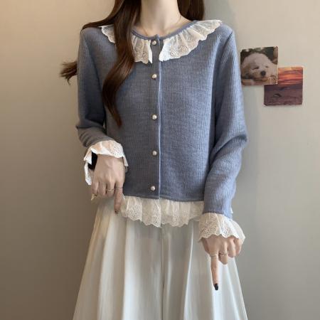 FA46771# 大码秋冬新款胖MM圆领甜美拼接蕾丝花边针织宽松显瘦短款上衣 服裝批發女裝批發服飾貨源