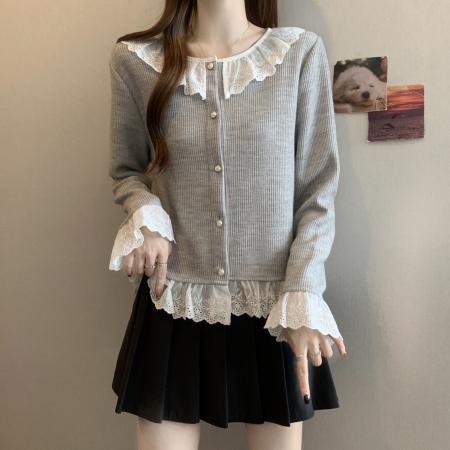 FA46771# 大码秋冬新款胖MM圆领甜美拼接蕾丝花边针织宽松显瘦短款上衣 服裝批發女裝批發服飾貨源