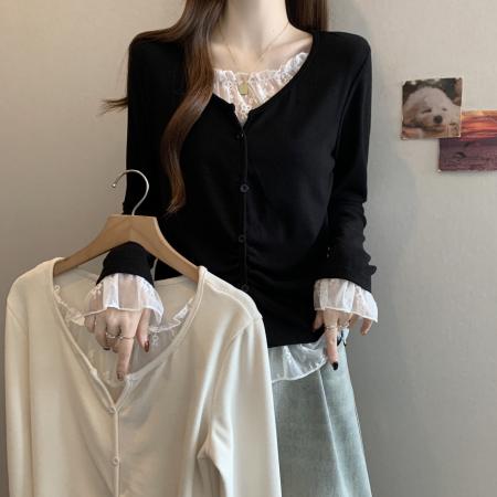 FA46772# 大码秋冬新款胖MM蕾丝拼接假两件设计感不规则遮肉显瘦上衣女 服裝批發女裝批發服飾貨源