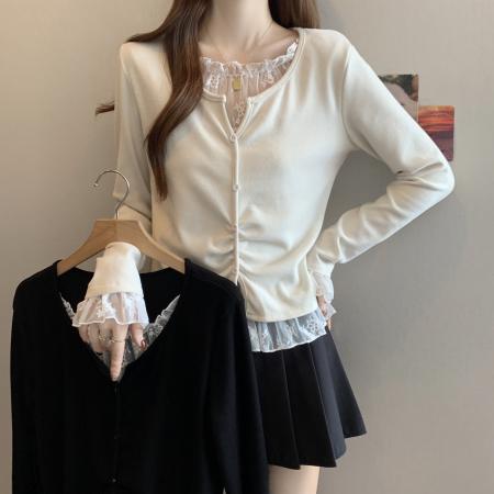 FA46772# 大码秋冬新款胖MM蕾丝拼接假两件设计感不规则遮肉显瘦上衣女 服裝批發女裝批發服飾貨源