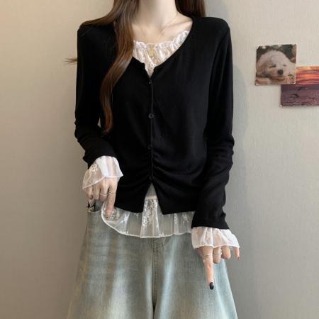 FA46772# 大码秋冬新款胖MM蕾丝拼接假两件设计感不规则遮肉显瘦上衣女 服裝批發女裝批發服飾貨源