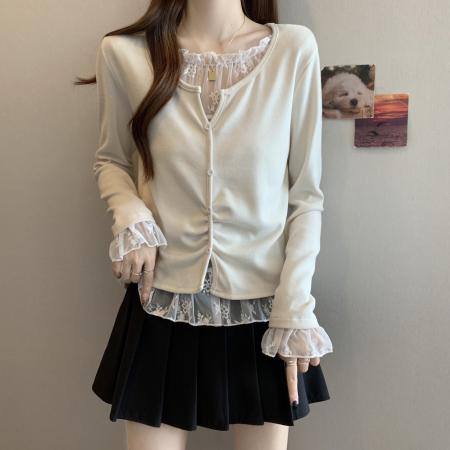 FA46772# 大码秋冬新款胖MM蕾丝拼接假两件设计感不规则遮肉显瘦上衣女 服裝批發女裝批發服飾貨源